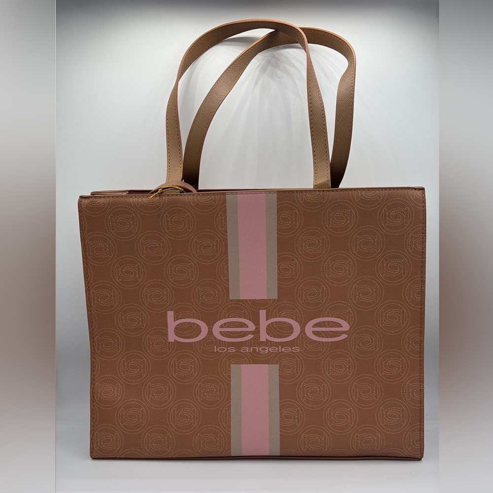 Bebe Los Angeles Tote Bag Brown Pink Stripe Logo Debossed Faux Leather Handbag‎